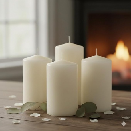 Vela color marfil, pack 4 velas, para decoración,eventos, liturgia.. Medida: 20 cm alto x 7 cm